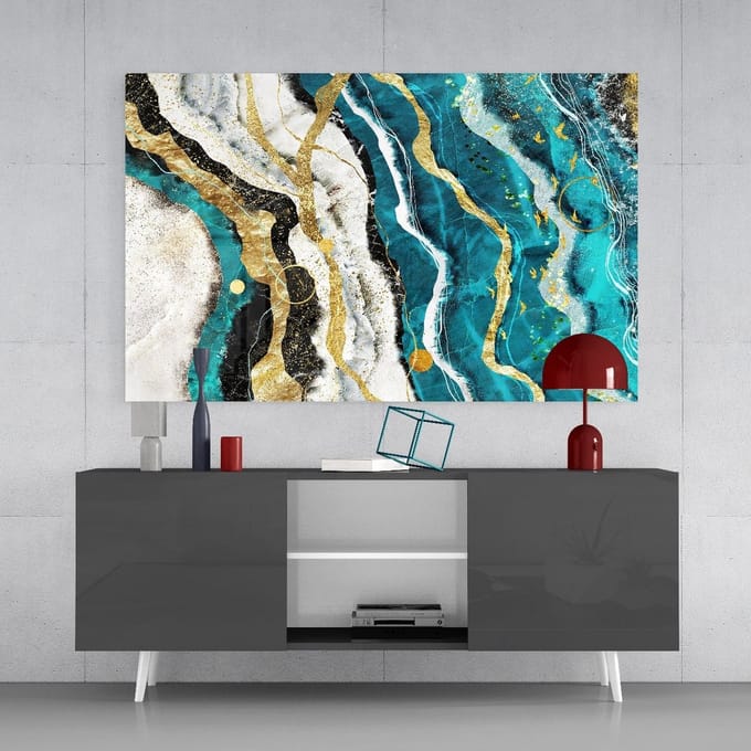 Glasschilderij - Golven - Abstract - Marmer - 72x46 cm