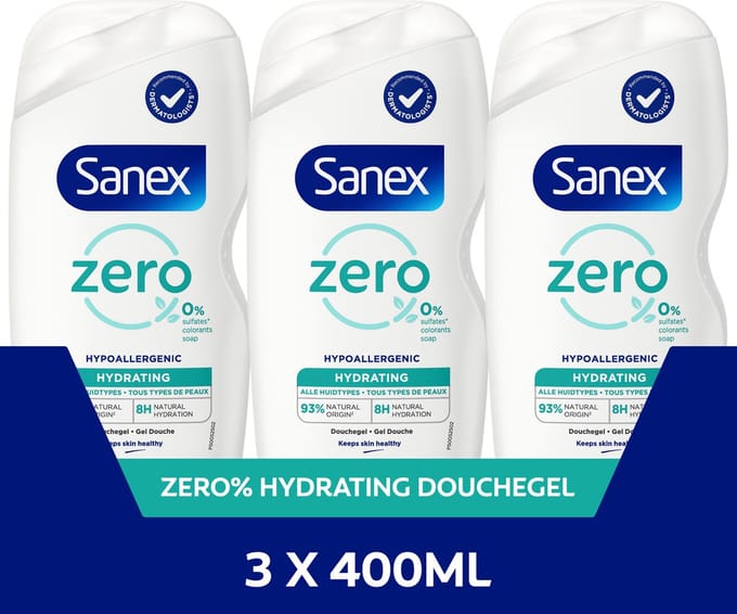 Sanex Zero% Hypoallergenic Hydrating Douchegel - 3 x 400ml - Voordeelverpakking