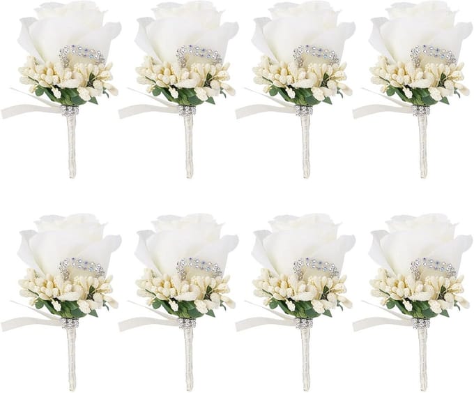Set van 8 stoffen rozen broches met strass steentjes voor bruiloftsfeesten