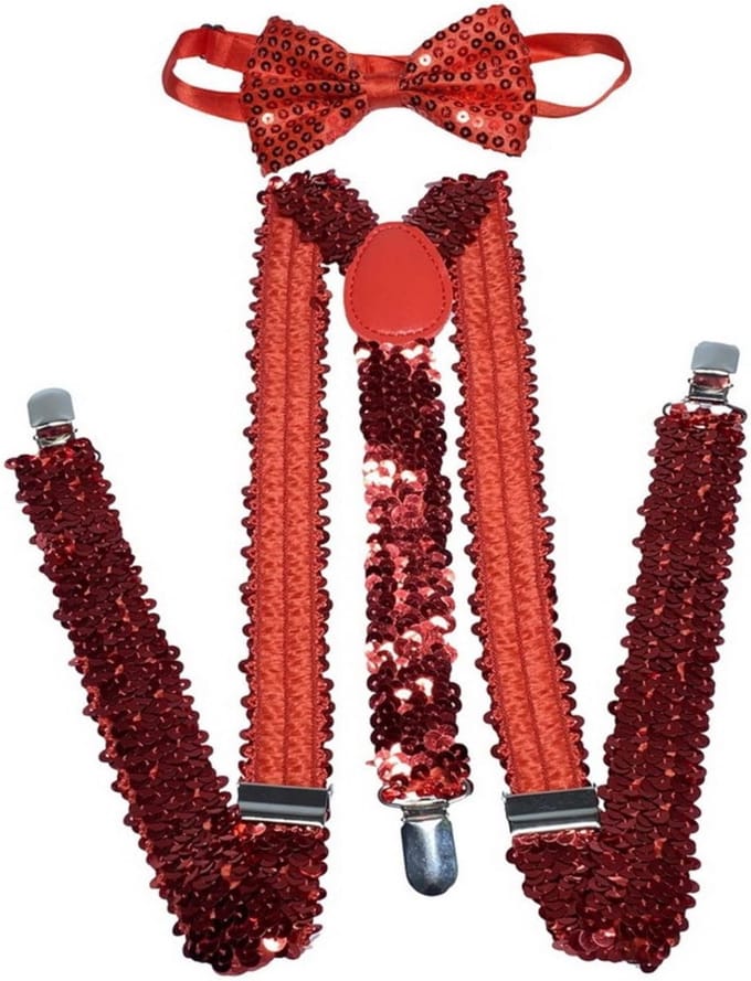 Sequin Suspender met Strik en Elastische Y-Back, Rood, One Size - Perfect voor Feestjes en Speciale Gelegenheden