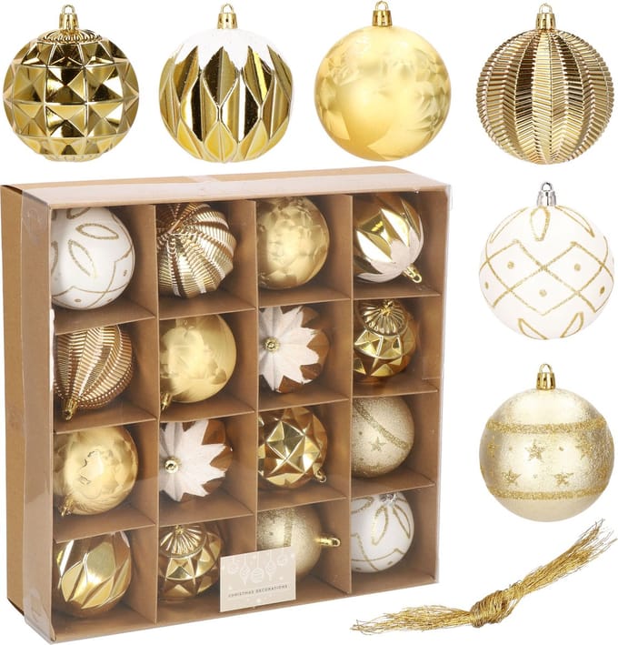 Kerstballen | Kerstversiering | Onbreekbaar | 16 Stuks | Goud/Wit