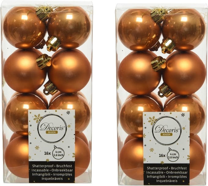 Decoris kleine kerstballen - 32x st - cognac bruin - 4 cm - kunststof - kerstversiering