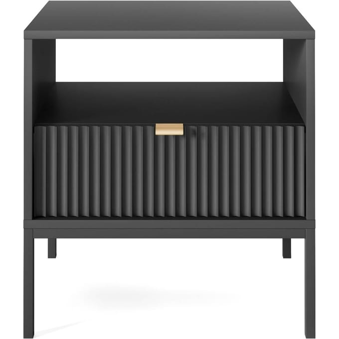 Selsey Vellore - Nachtkastje 54 cm - zwart met geribbelde front en gouden handgreep