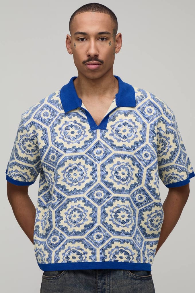Oversized Boxy Crochet Cotton Blend Knitted Polo T-Shirt | Yellow | Size Medium