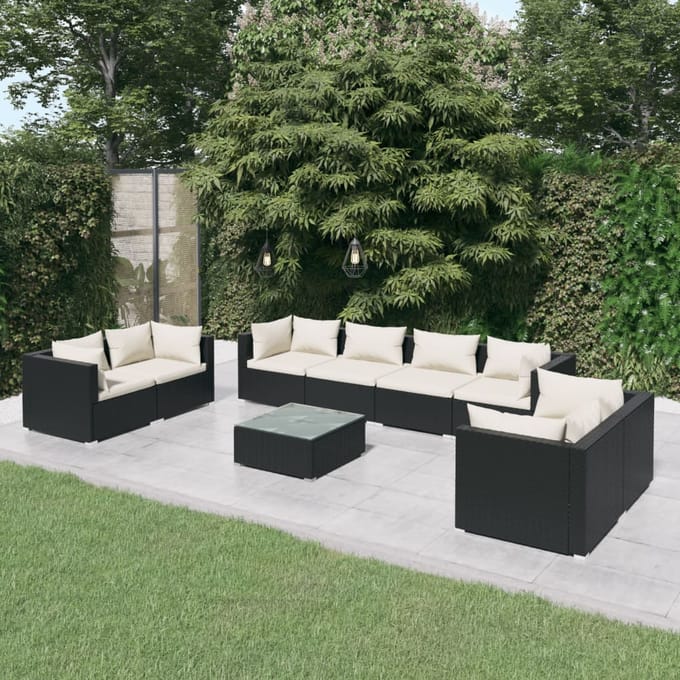 vidaXL - 9-delige - Loungeset - met - kussens - poly - rattan - zwart