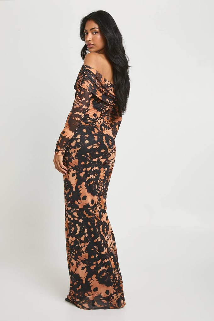 boohoo Dames Abstracte Bedrukte Bardot Maxi Jurk | Brown | Maat: 8