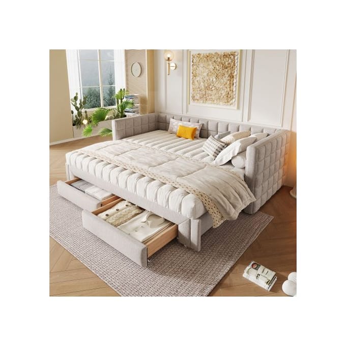 Canapé-lit - MUVOE - Daylily - 90 x 200 cm (extensible jusqu'à 180) - velours beige - 2 tiroirs beige