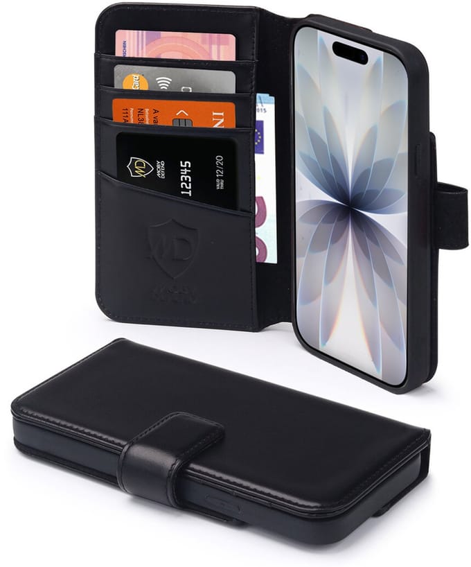 MobyDefend Hoesje - Geschikt voor iPhone 17 - Luxe Leren Wallet Bookcase - Zwart
