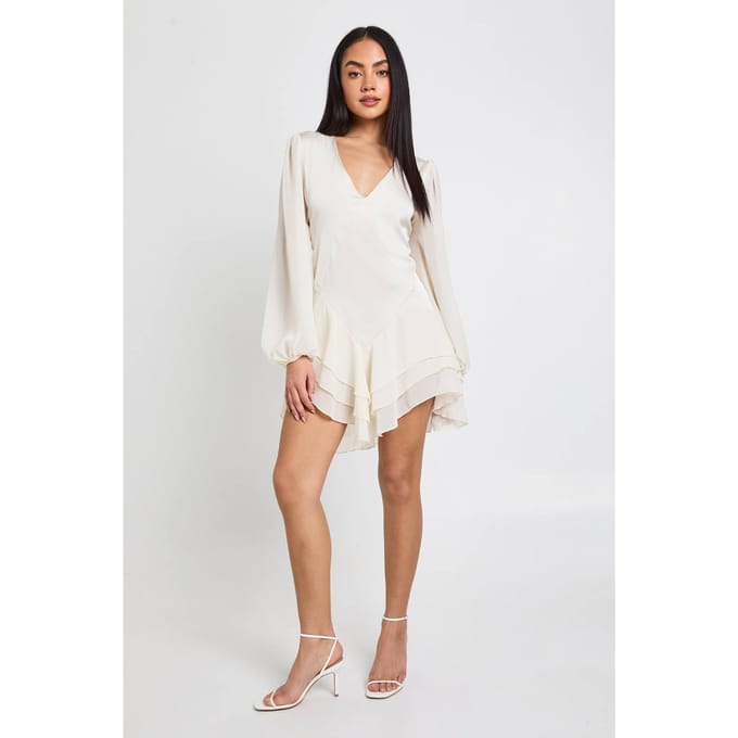 boohoo Dames Chiffon Mix Paneel Smock Jurk | Ivoor | Maat: 36