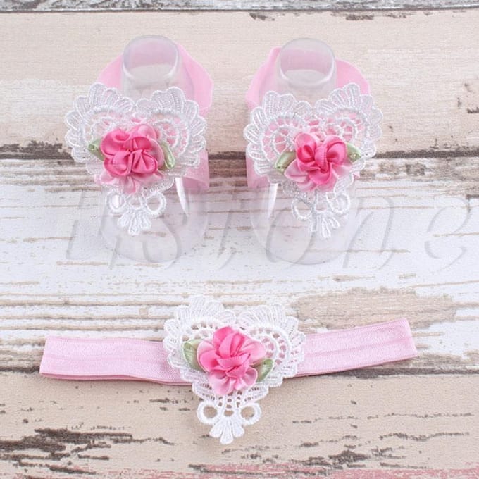 Baby Haarbandje + Voetbandjes Hart - Roze