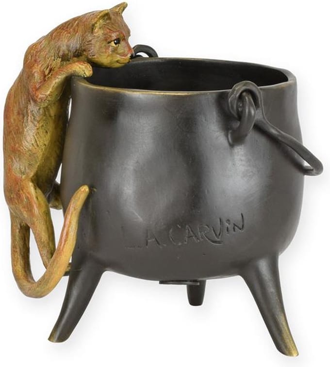 Nieuwsgierige kat - Bronzen beeld - pot - 12,7 cm hoog