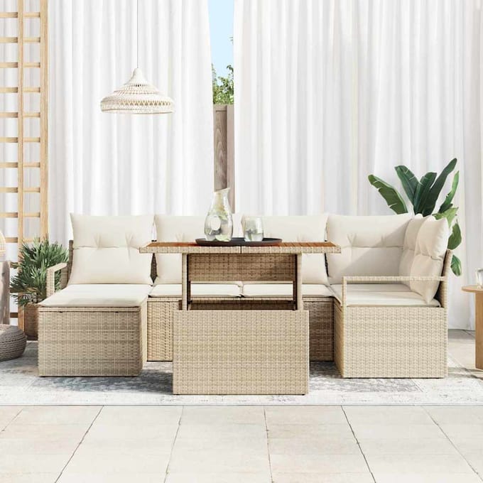 vidaXL - Tuinbank - Set - 7 - st - Beige - poly - rattan