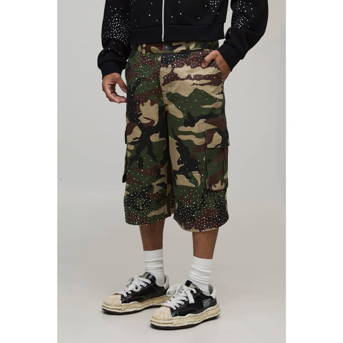 Longline Camo Embellished Twill Jorts | Size Medium