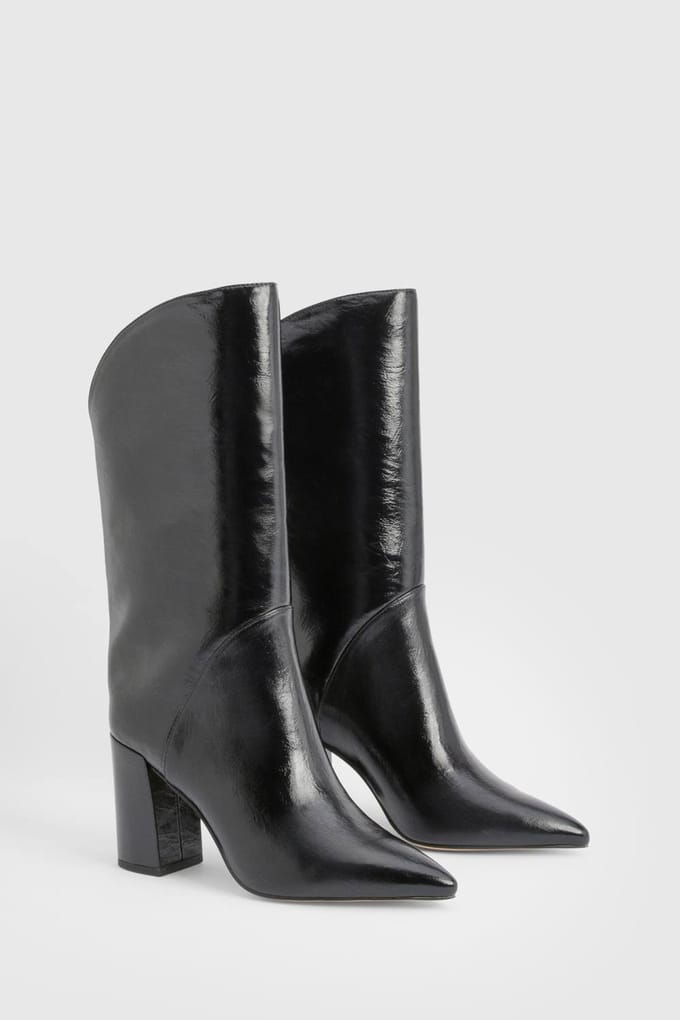 boohoo Dames Gebogen knielaarzen met blockhakken | Black | Maat: 8