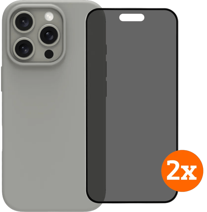 BlueBuilt Back Cover iPhone 16 Pro Grijs + Privacy Filter Screenprotector Glas Duo Pack