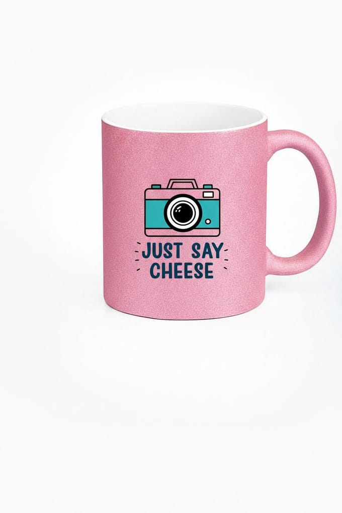 Just Say Cheese" Mok - Roze Glitter Camera Koffiemok