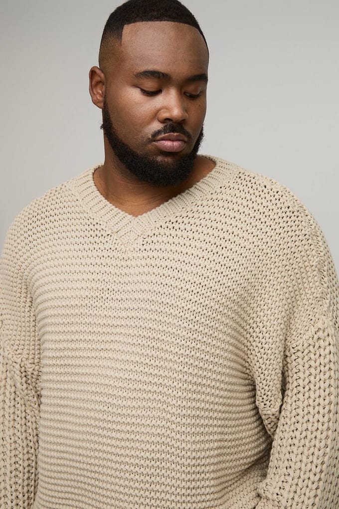Plus Chunky Knit Oversized V Neck Jumper | Ecru | Size 2XL