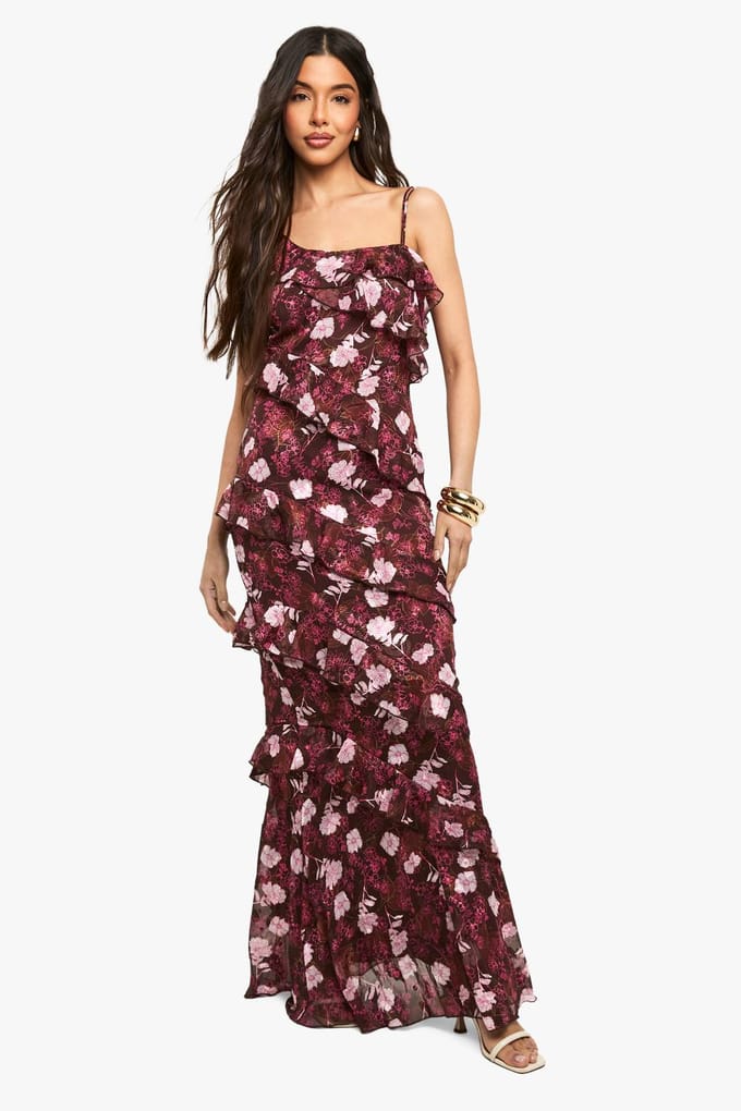boohoo Dames Bloemige One Shoulder Ruffle Maxi Jurk | Merlot | Maat: 38