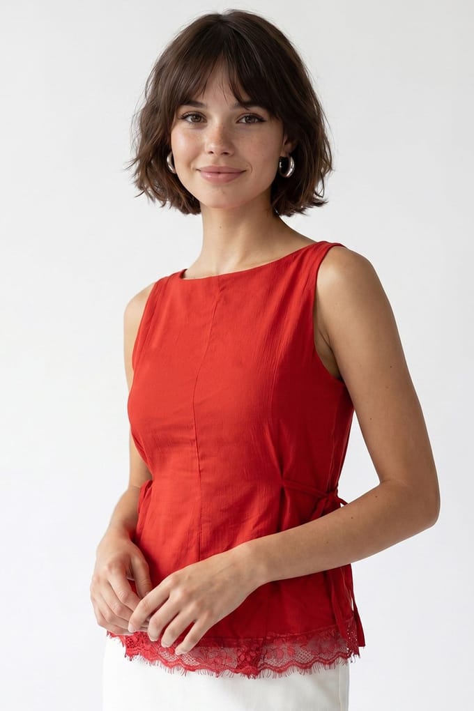 Mouwloze Poplin Blouse met Strik voorkant