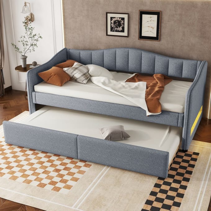 MODFU - Bedframe 90x200 cm – Linnen met uitschuifbed & LED-hoofdbord (app) – Grijs