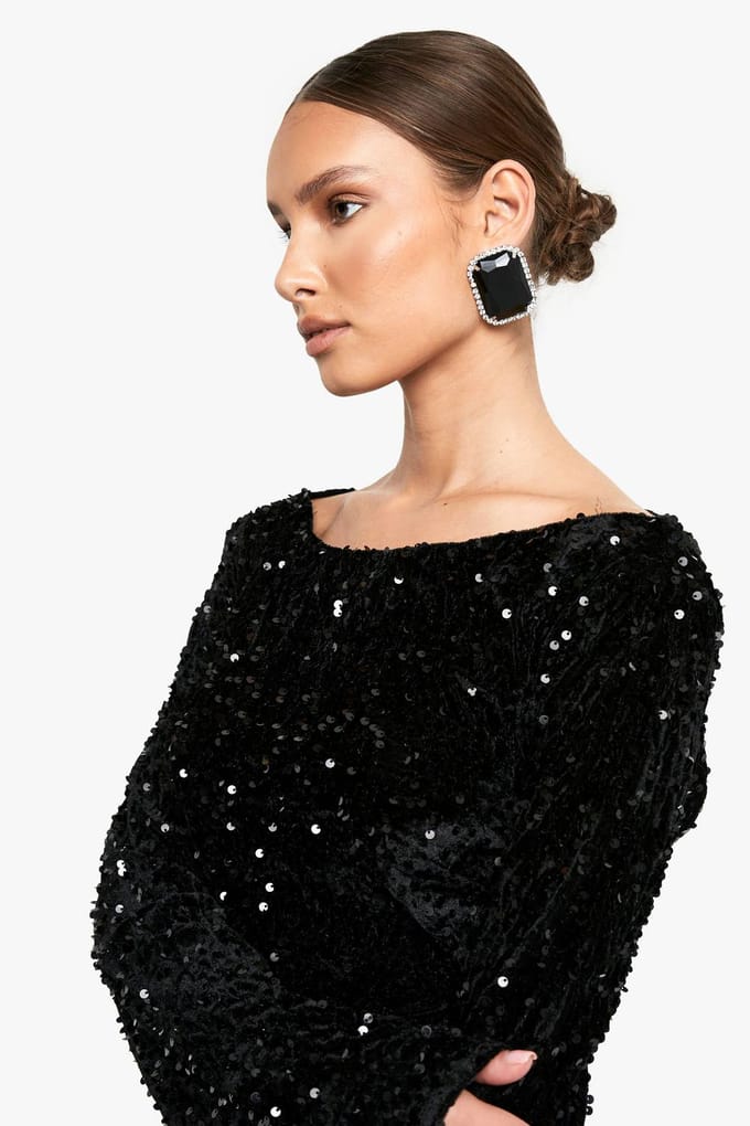 boohoo Dames Fluwelen Pailletten Tie Back Shift Jurk | Black | Maat: 8