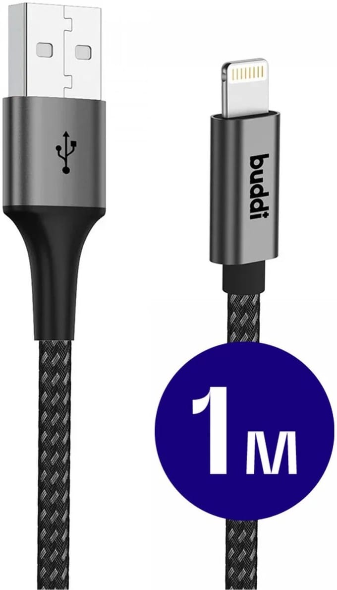 Buddi Flex | USB-A naar Lightning Kabel 12W Fast Charge | 480Mbps Dataoverdracht | Gevlochten Nylon | 1M | 1 Meter | Zwart