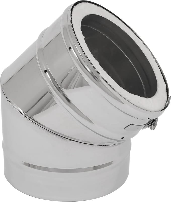 Bocht 45° dubbelwandig Ø200/Ø150mm 0,5mm RVS.