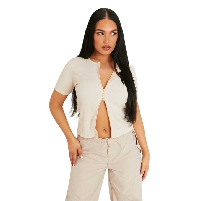 Missy Empire Dames-top met geribde boorden, ritssluiting en korte mouwen (Beige)