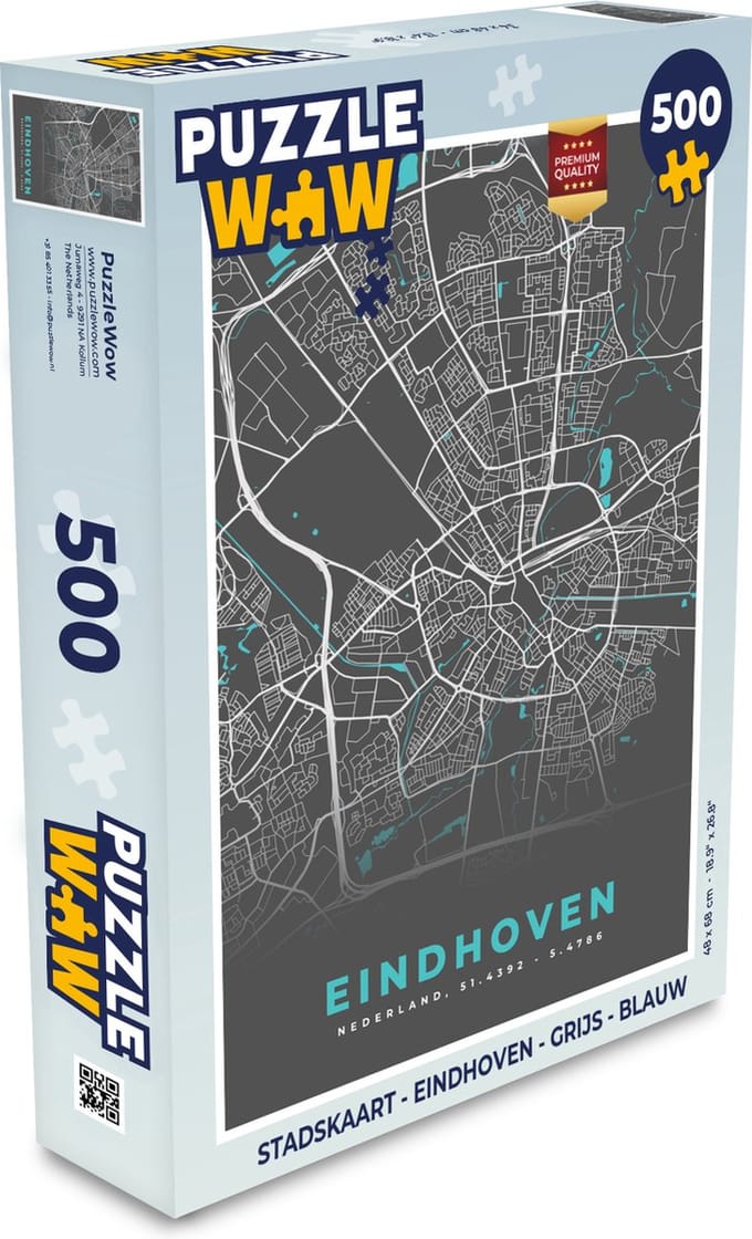 Puzzel Stadskaart - Eindhoven - Grijs - Blauw - Legpuzzel - Puzzel 500 stukjes - Plattegrond