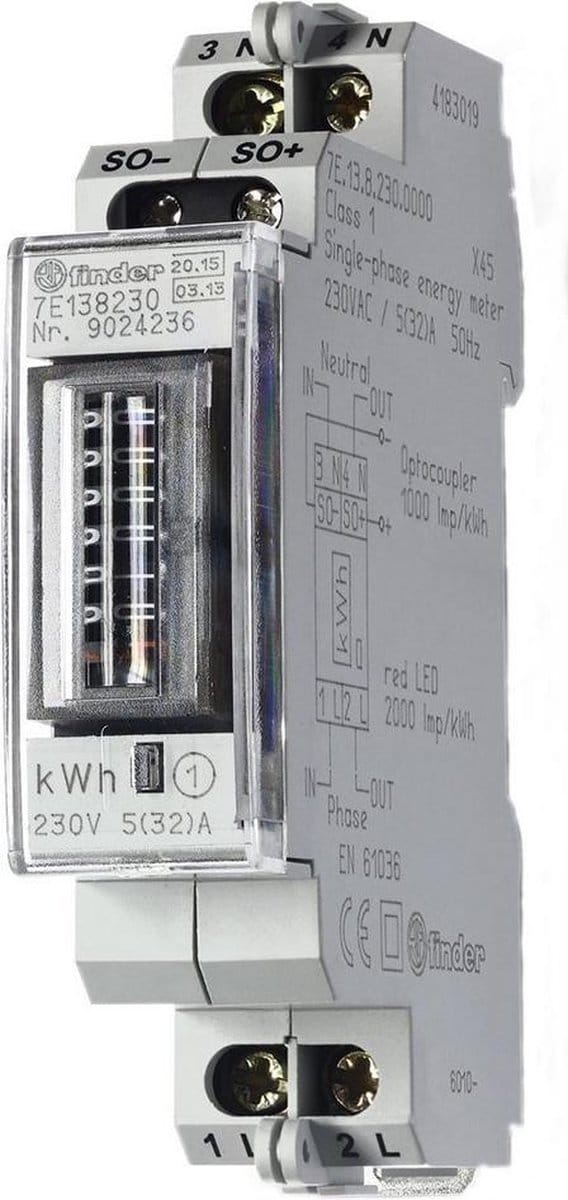 Finder 7E.13.8.230.0010 kWh-meter 1-fase Mechanisch 32 A Conform MID: Ja 1 stuk(s)