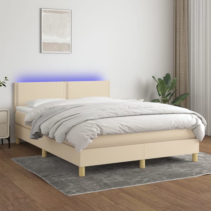 vidaXL - Boxspring - met - matras - en - LED - stof - crèmekleurig - 140x200 - cm