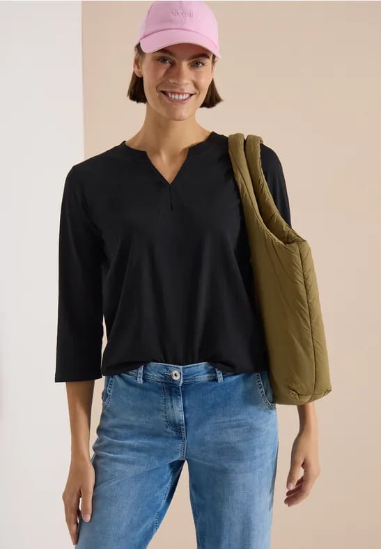 Shirt met 3/4-mouwen, split in de hals en elastische zoom