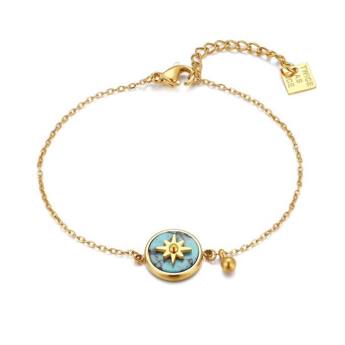 Twice As Nice Armband in edelstaal, ster en turquoise Goudkleurig 16cm+3cm