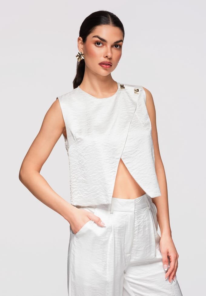 OMBRE Top - Regular Fit - Mouwloos - Knopen Gebroken wit S