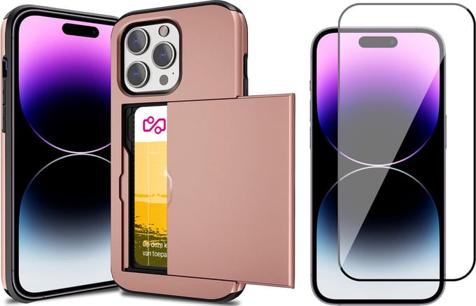 Hoesje met Pasjeshouder geschikt voor iPhone 14 Pro Max - Screen Protector FullGuard - Back Cover SlideCase Roségoud & Screenprotector