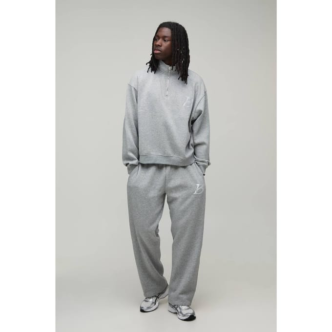 Oversized Boxy Geborduurd B 1/4 Rits Sweatshirt & Rechte Pijp Trainingspak | Grey Marl | Size Small