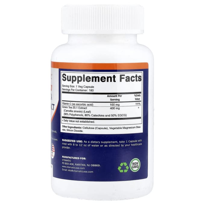 Vitamatic, Groene Thee, 25:1 Extract, 180 Plantaardige Capsules