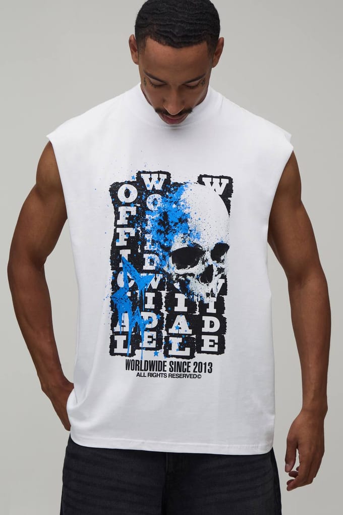 Wit Oversized Tanktop Met Doodskopprint | White | Size XL
