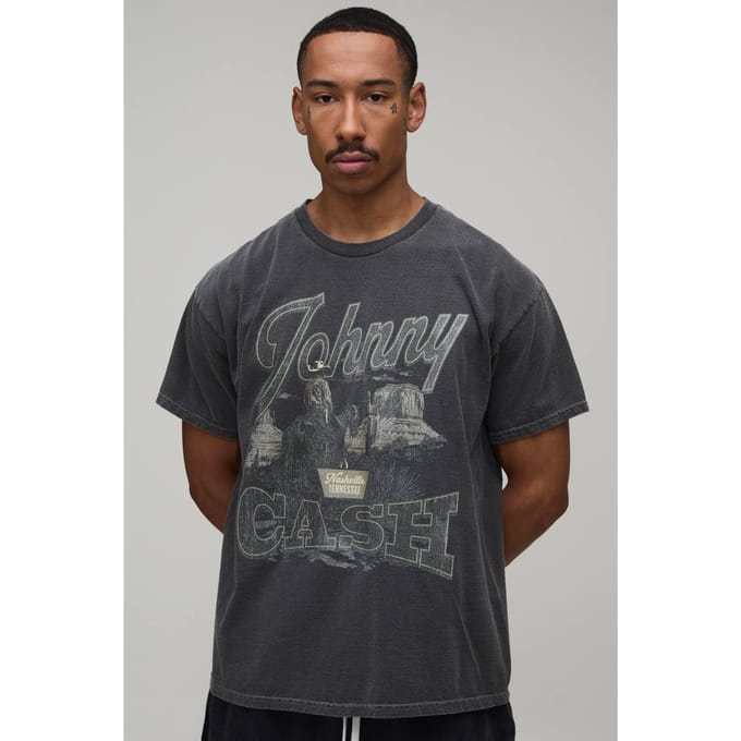 Oversized Gewassen Johnny Cash Print T-shirt | Washed Charcoal | Size XS