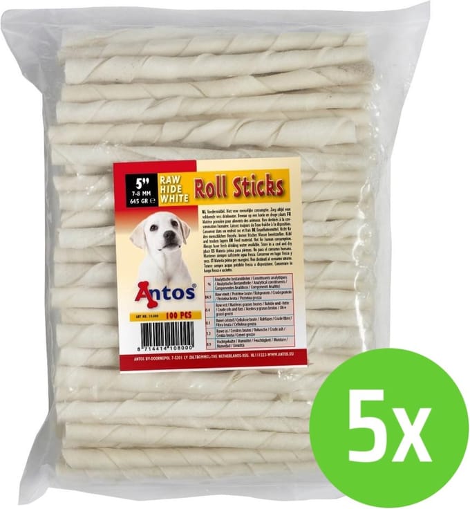 Antos Raw Hide White Roll Sticks 7-8mm - hondensnack - 100 stuks - 5 zakken
