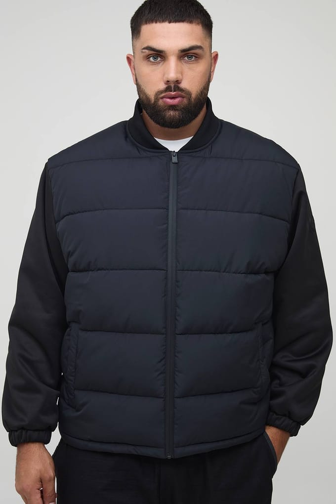 Plus Regular Fit Quilted Scuba Sleeve Puffer Jacket | Black | Size 2XL