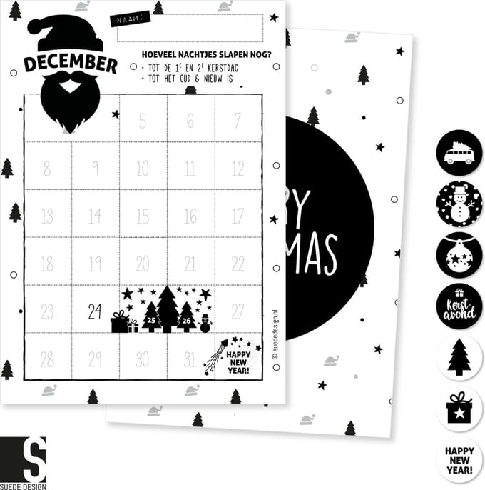 December aftelposter | Kerst en Oud&Nieuw | Suede design aftelkalender A4