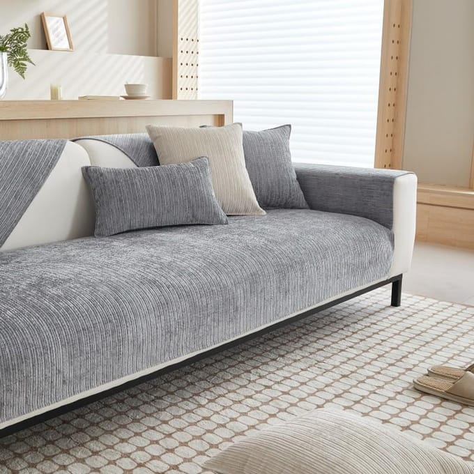 Chenille Sofakussen High-End Vier Seizoenen Universeel Antislip Sofazitkussens Streep Hoes Handdoek 70*70cm gray