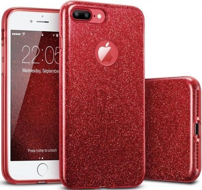 HB Hoesje Geschikt voor Apple iPhone 7 Plus / 8 - Plus - Rood - Glitter Back Cover
