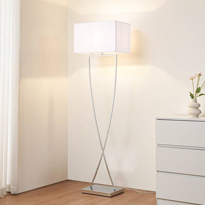 Lucande Vloerlamp Evaine, chroom/wit, metaal, 157 cm, E27