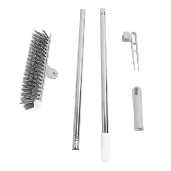 Brosse à récurer 2 en 1 pour sol, manche long, pour joints, poils rigides, rotative à 180 degrés blanc