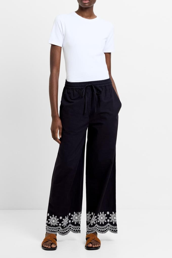 French Connection Emb Hem Cotton Trouser Black Größe: M | Ausgestellte Hosen Outlet | Damen | Schwarz