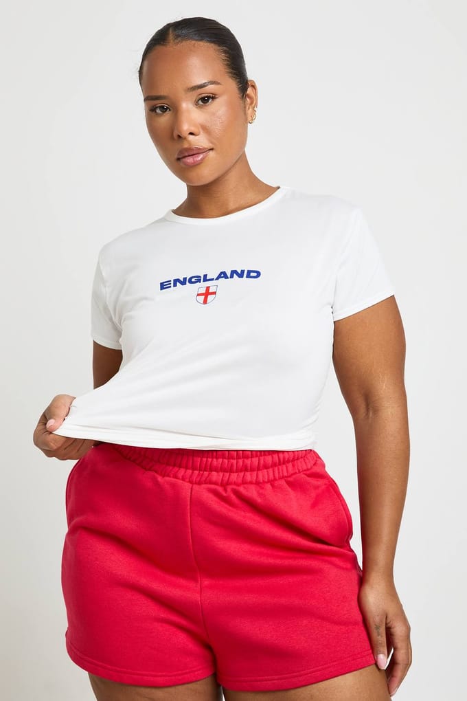 boohoo Dames Plus Engeland Voetbal Bedrukt Baby Tee | Wit | Maat: 48