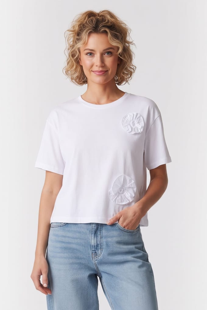 Rich & Royal T-shirt With Draped Flowers White Größe: M | Hemden Outlet | Damen | Weiß