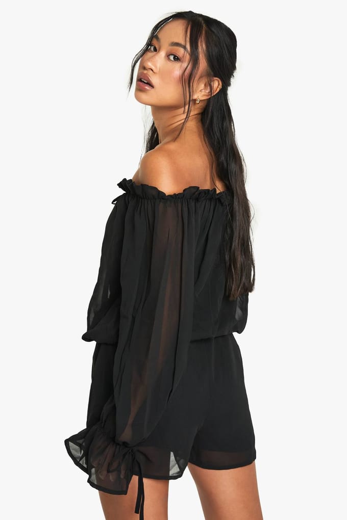 boohoo Dames Chiffon Bardot Playsuit met Verlaagde Taille | Zwart | Maat: 40